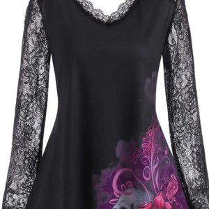 Rosegal Plus Size Lace Panel Skull Floral Tunic